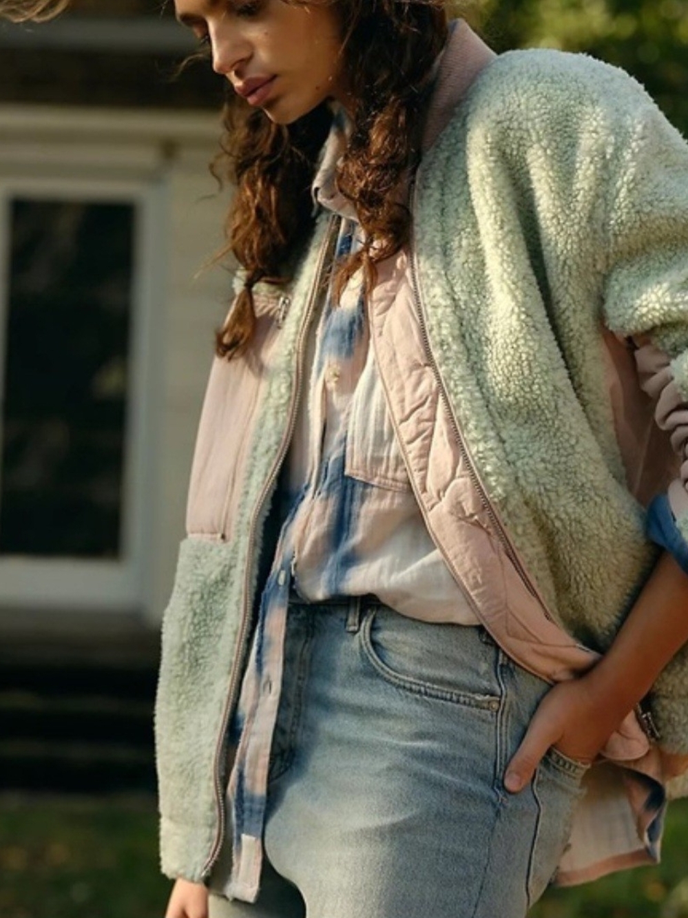 We The Free Free People Rivington Sherpa Jacket L NWOT Pink Green Fleece Bomber - Picture 6 of 12